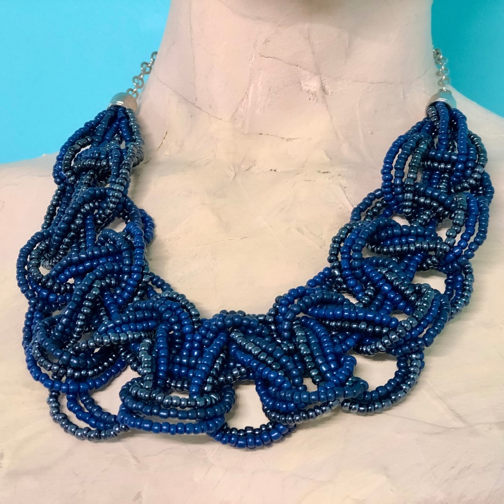 Blues Braided Woven Multiple Seed Bead Strands Bib Statement Necklace Silvertone